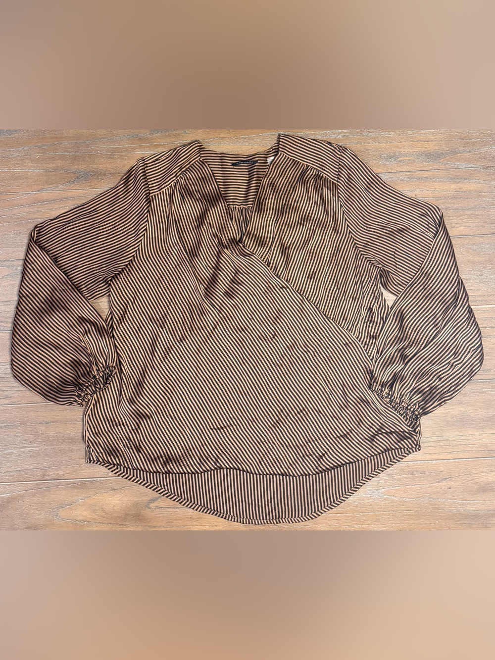 Tahari Black and Tan Striped Wrap-Effect Blouse